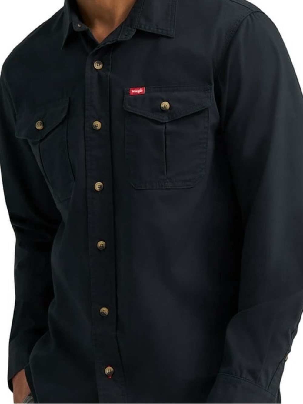 Wrangler Black Long-Sleeve Work Shirt with Tan Buttons